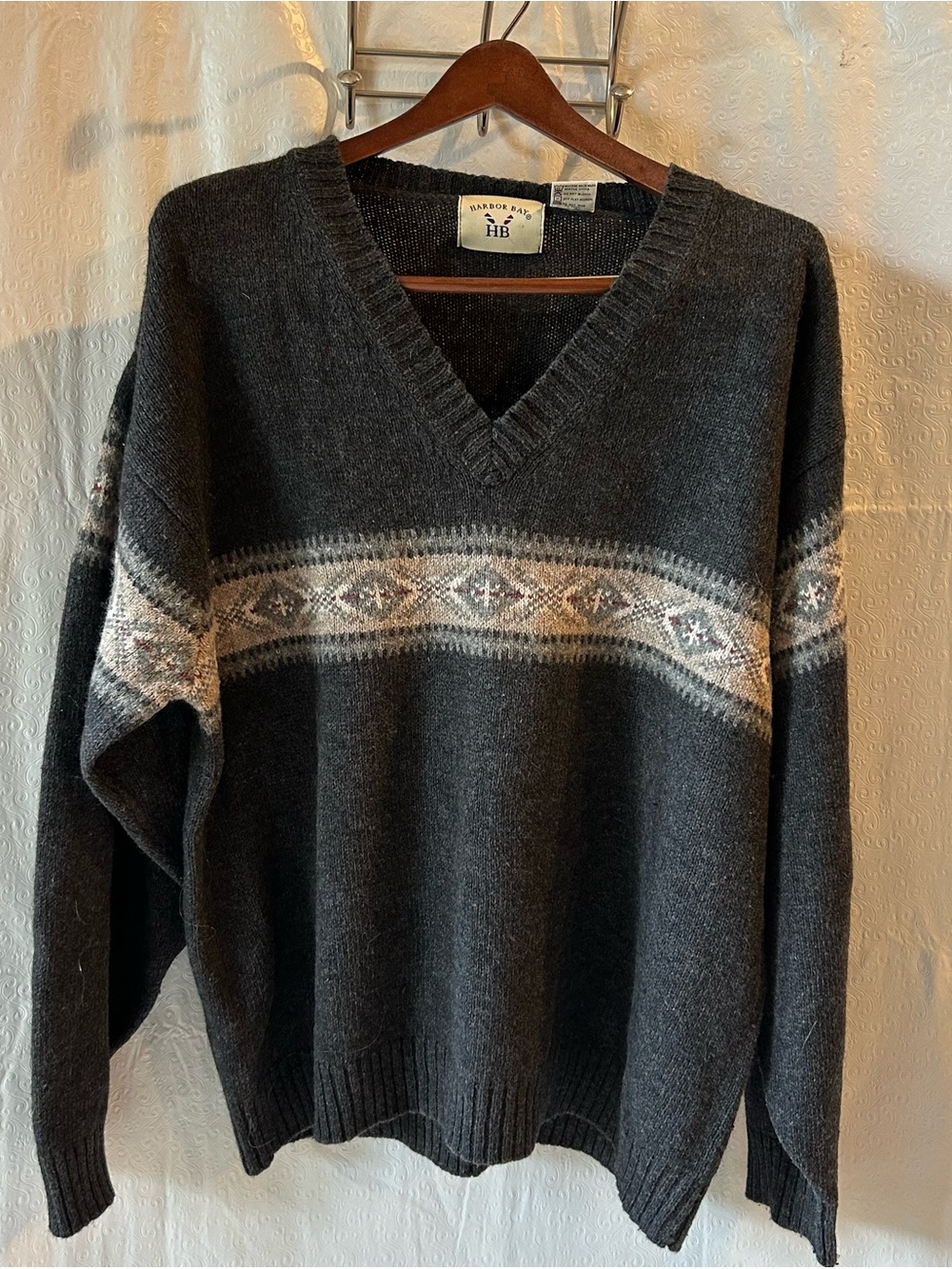 Vintage 90s Harbor Bay Ramie Wool Blend Grandpa Sweater Gray Fair Isle Knit